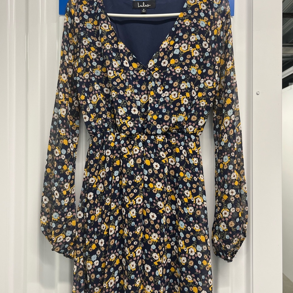 Navy floral print long sleeve dress